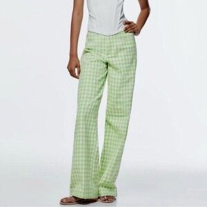 Zara Light Green Checkered Wide Leg Pants